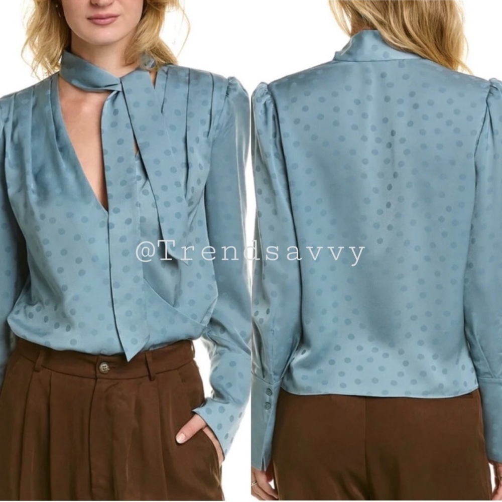 Favorite Daughter Joan Slate Blue Polka Dot Tie Neck Satin Blouse Medium NWT Top